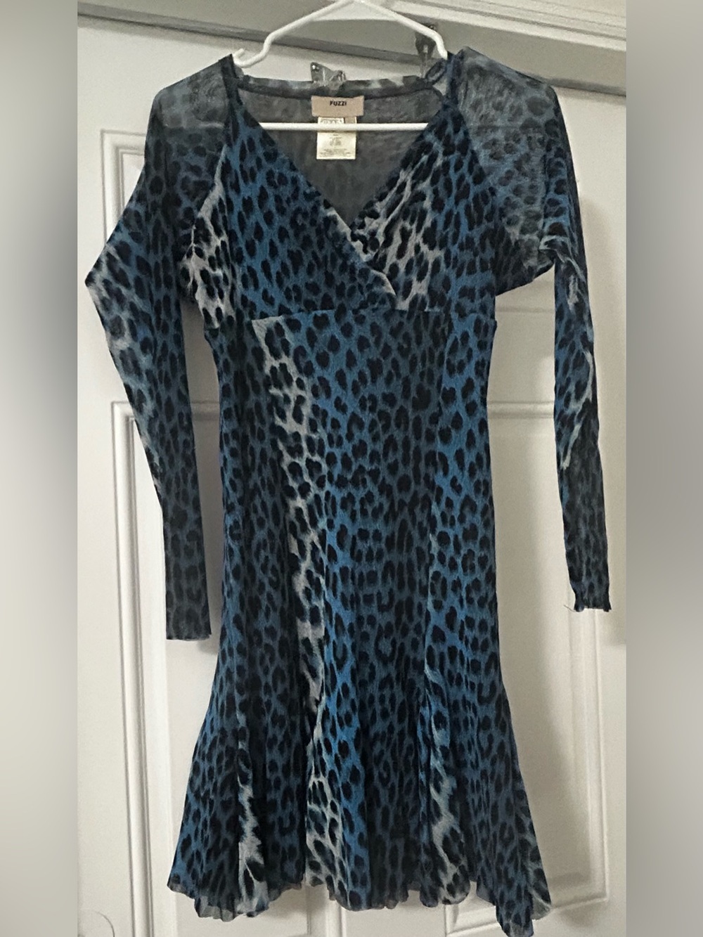 FUZZI Italy Blue Leopard Print Mesh Dress V-Neck Long Sleeve Flare Size:M